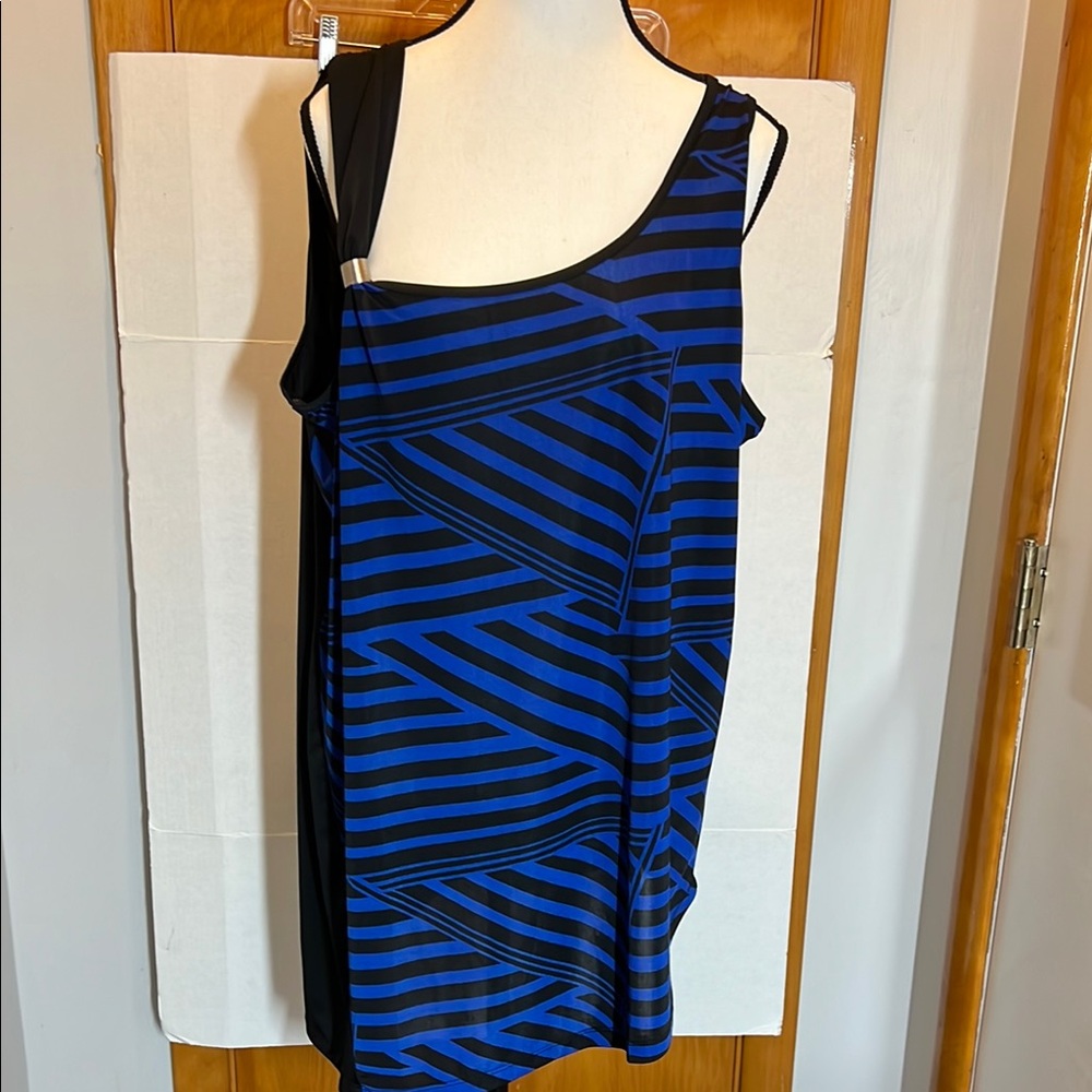 Ashley Stewart Blue and Black Asymmetrical Sheath Top